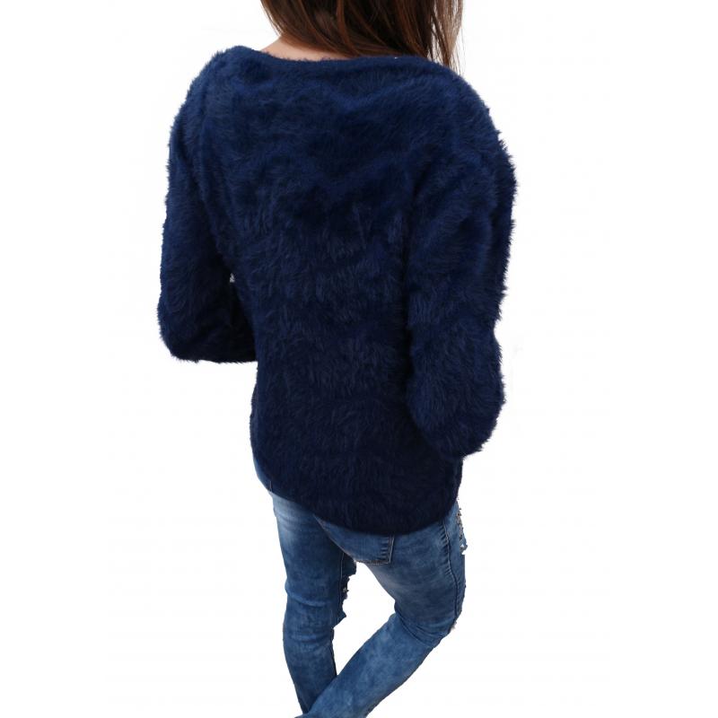Tmavo modrý pekný chlpatý dámsky sveter