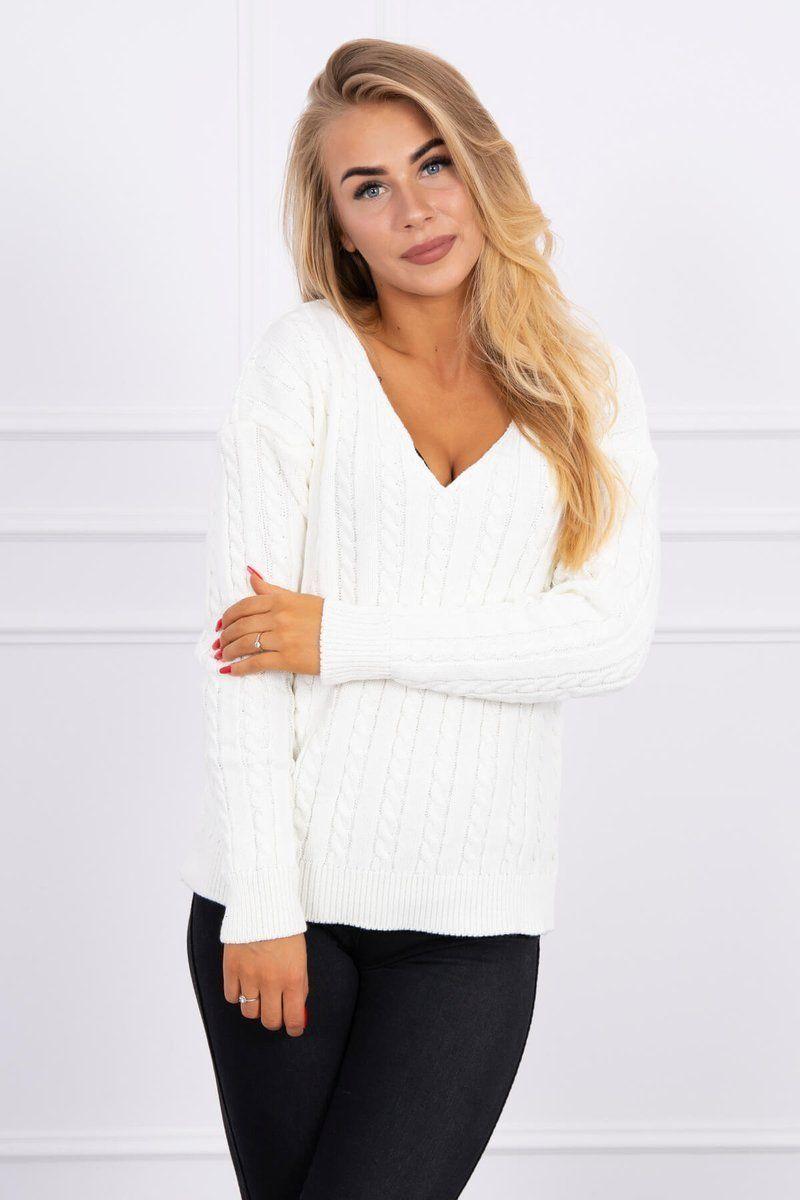 Pletený sveter s V výstrihom biely