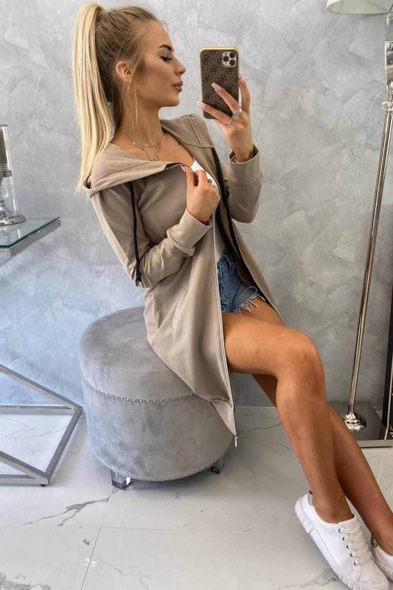 Mikina s kapucňou a predĺženým strihom tmavo béžová