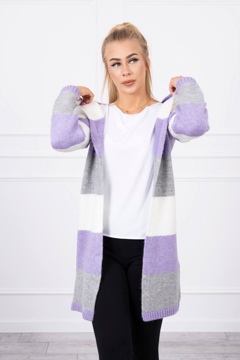 Trojfarebný pruhovaný sveter ecru+fialová+šedá