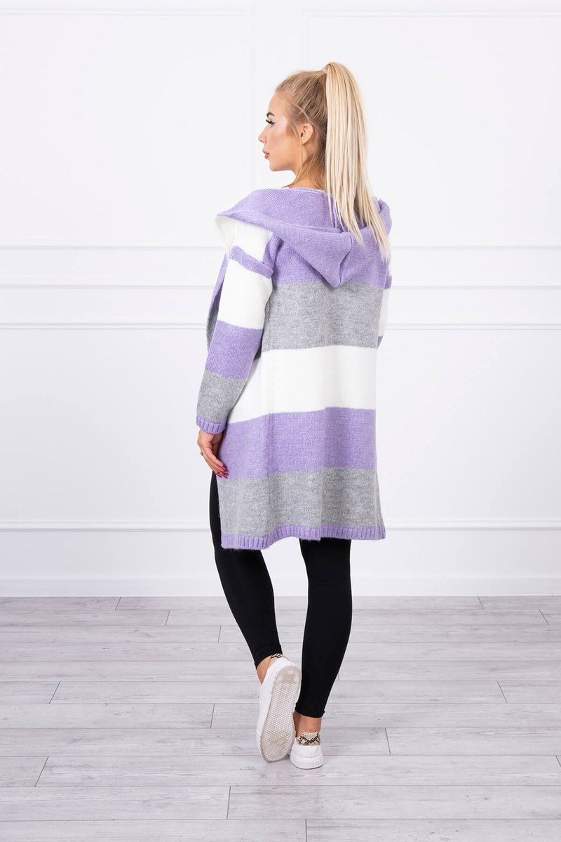 Trojfarebný pruhovaný sveter ecru+fialová+šedá
