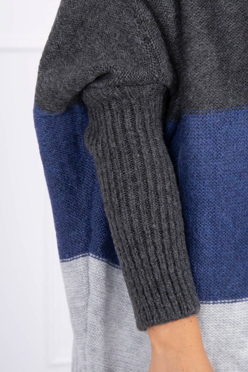 Trojfarebný sveter s kapucňou sivo modrý